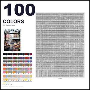 May include: A paint-by-numbers kit featuring a 100 squares wide grid filled with numerical codes, a color reference chart with 100 distinct swatches labeled 0 through 99, and a small color image of a flower market under a glass canopy.