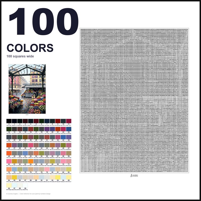 May include: A paint-by-numbers kit featuring a 100 squares wide grid filled with numerical codes, a color reference chart with 100 distinct swatches labeled 0 through 99, and a small color image of a flower market under a glass canopy.