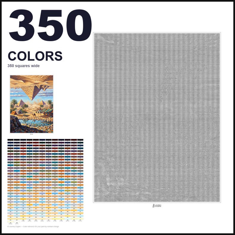 May include: A paint-by-numbers pattern featuring 350 colors and a 350 squares wide grid. The image displays a desert landscape with pyramids, palm trees, and a small body of water, accompanied by a comprehensive color reference chart for the design.