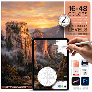 May include: A digital paint-by-number kit featuring the Meteora Monastery at sunset. The display shows a partially completed landscape with numbered sections, a stylus, and icons for SVG, PDF, PNG, and printer compatibility with 16-48 colors.