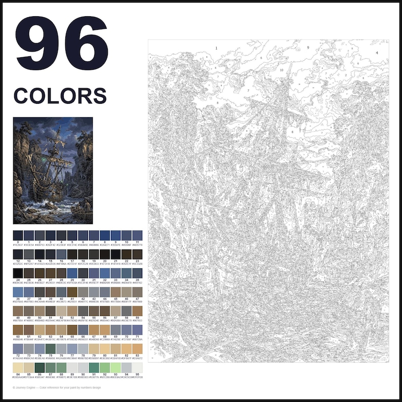 May include: A paint-by-numbers kit featuring a large outline of a sailing ship in a rocky cove. The image includes a small finished reference picture, the text 96 COLORS, and a grid of 96 numbered color swatches with corresponding hex codes.