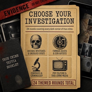May include: A tan file folder titled CHOOSE YOUR INVESTIGATION with 24 rounds covering true crime. It features four icons: a skull for historic mysteries, a vault for heists, a microscope for forensics, and a television for pop culture media.