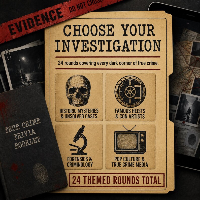 May include: A tan file folder titled CHOOSE YOUR INVESTIGATION with 24 rounds covering true crime. It features four icons: a skull for historic mysteries, a vault for heists, a microscope for forensics, and a television for pop culture media.