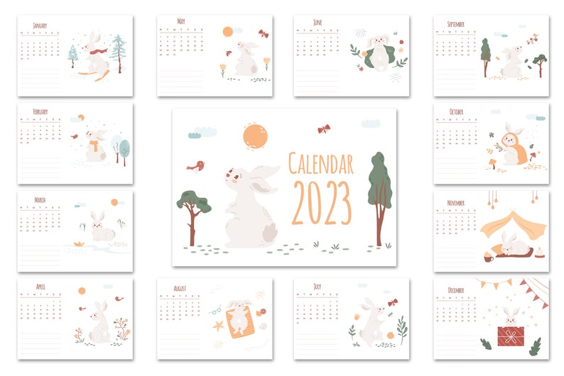 2023 Calendar Printable Cute Bunny 2023 Printable Monthly - Etsy