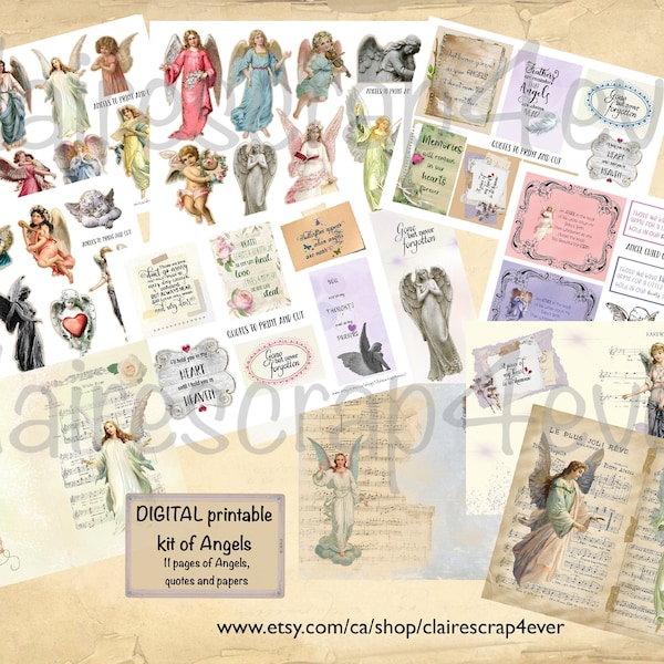 DIGITAL Kit of Angels, quotes and papers to print for junk journals, a total of 11 sheets in JPG and PDF, digital download