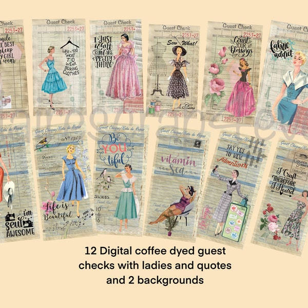 Digital guest checks - Embellished guest checks - Ladies and quotes - Printable guest checks ephemera - Cute 1950s ladies