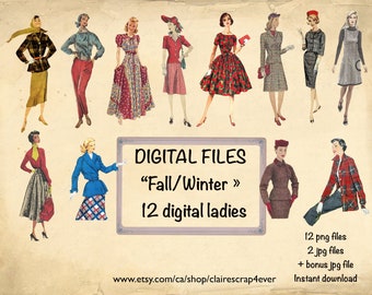 NEW Digital, ''Fall and Winter'' printable Fussy Cut ladies for junk journals and scrapbooking, PNG, JPG, digital download