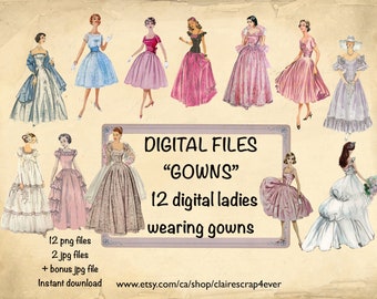 Digital, ''Gowns'' printable Fussy Cut ladies for junk journals and scrapbooking, PNG, JPG, digital download