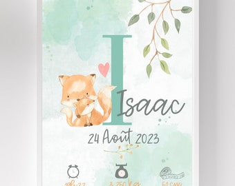 Affiche de naissance personnalisée animaux/renard/décoration chambre bébé