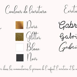 May include: Boho Baby French logo with a floral design.  The image shows four color options for text: gold, glitter, white, and black.  Three different handwriting styles for the name Gabriel are shown.