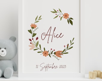 Personalized birth poster flower crown-Baby souvenir poster/personalized gift/baby room decoration