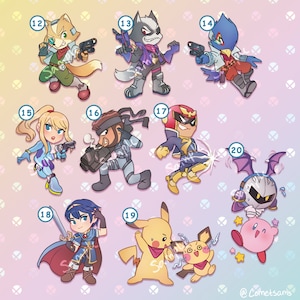 May include: A set of 10 colorful cartoon character stickers featuring characters from popular video games. The stickers are numbered 12 through 20 and feature characters such as Fox McCloud, Wolf, Falco Lombardi, Samus Aran, Solid Snake, Captain Falcon, Meta Knight, and Pikachu.