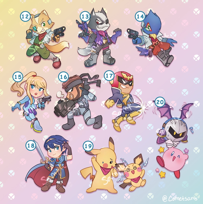 May include: A set of 10 colorful cartoon character stickers featuring characters from popular video games. The stickers are numbered 12 through 20 and feature characters such as Fox McCloud, Wolf, Falco Lombardi, Samus Aran, Solid Snake, Captain Falcon, Meta Knight, and Pikachu.