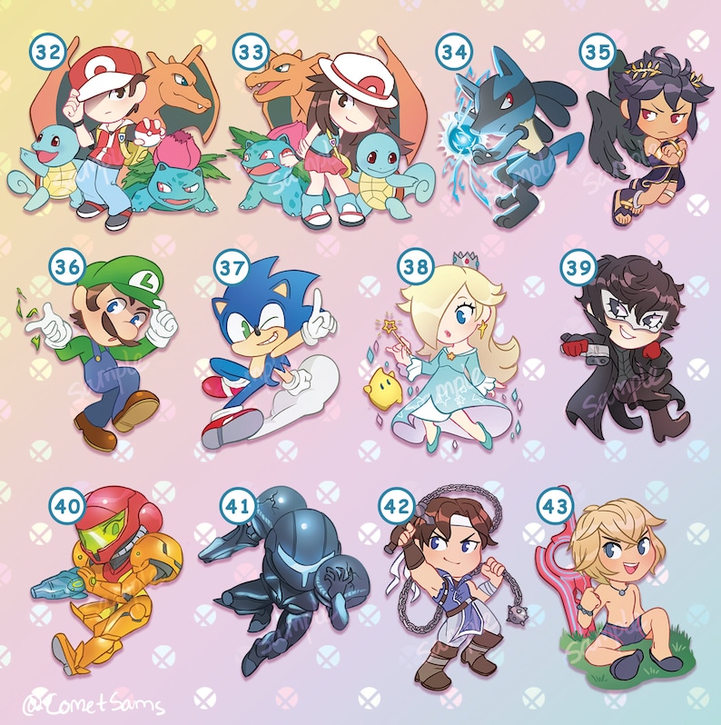 May include: A set of 12 colorful cartoon character stickers featuring characters from popular video games. The stickers are printed on a white background with a pink and blue gradient.