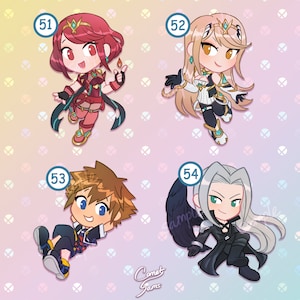 May include: Four colorful cartoon character stickers with numbers 51, 52, 53, and 54. The characters are a red-haired female with a crown, a blonde female with a crown, a brown-haired male with a keyblade, and a white-haired male with a black wing.