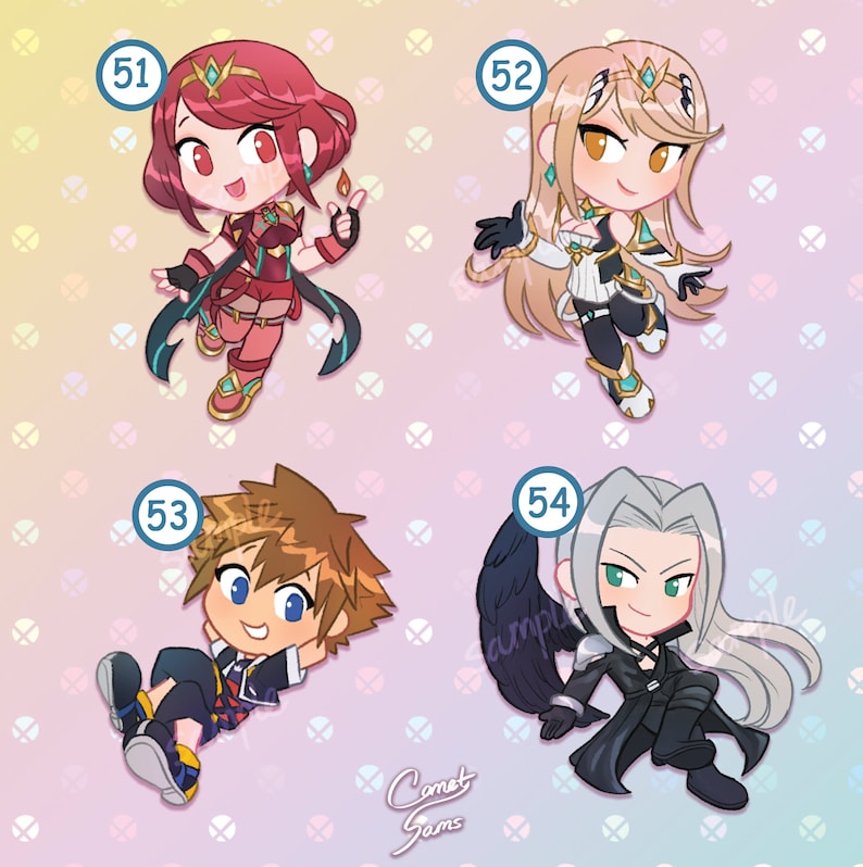 May include: Four colorful cartoon character stickers with numbers 51, 52, 53, and 54. The characters are a red-haired female with a crown, a blonde female with a crown, a brown-haired male with a keyblade, and a white-haired male with a black wing.
