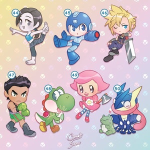 May include: A set of ten colorful cartoon character stickers featuring characters from popular video games. The stickers are printed on a white background with a rainbow pattern.