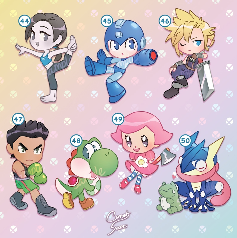 May include: A set of ten colorful cartoon character stickers featuring characters from popular video games. The stickers are printed on a white background with a rainbow pattern.