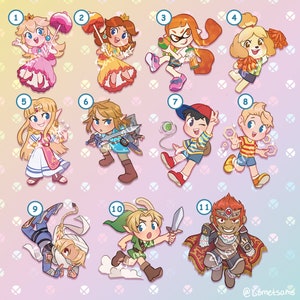 May include: A set of 11 colorful cartoon character stickers featuring characters from popular video games. The stickers are printed on a white background with a pink and yellow gradient.