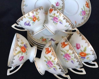 Thomas Bavaria signed, antique coffee cups / demitasse set made in Germany. Tiny porcelain with flower decorated both inside and outside