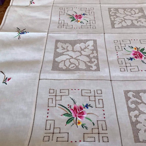 Order Vintage Embroidered unused Tablecloth Floral Cottage Flowers Cross-Stitch Table Hand Made