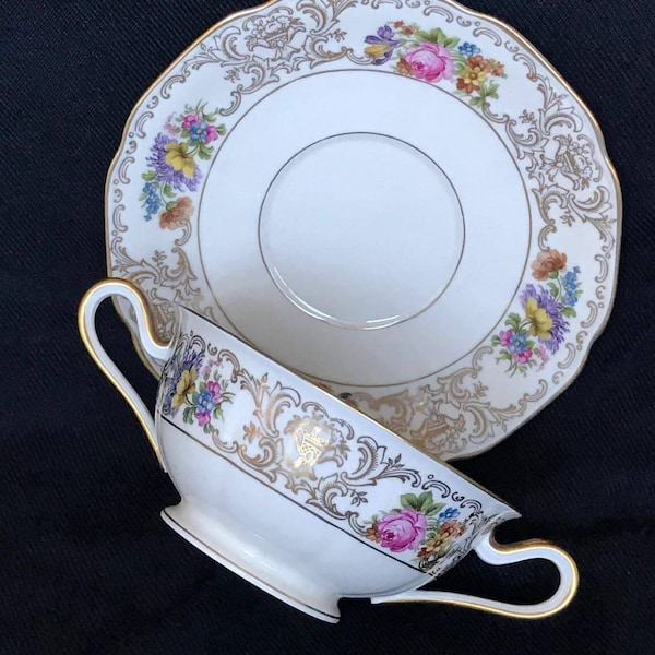 ANTIQUE Bouillon Soup Consume Double Handled Cup & Saucer Bavaria tirschenreuth signé fabriqué en Allemagne