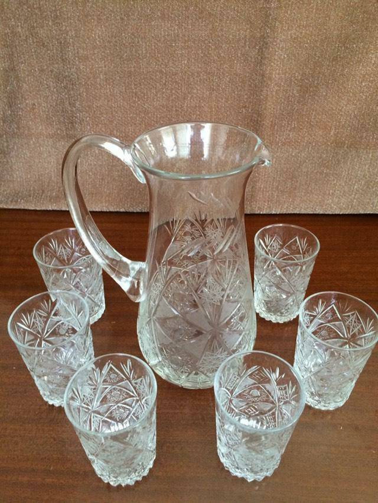 Pasabahce vintage crystal water pitcher and 6 glasses made in Etsy