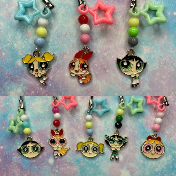 Les POWERPUFF GIRLS ont inspiré les breloques pour téléphone - bulles de fleurs, bouton d'or rétro des années 90, cadeau de l'an 2000 porte-clés accessoire de lanière cadeau