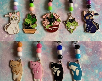 CAT PHONE CHARMS handmade enamelled metal mobile accessories - kitty kitten cats spooky plants - animal lover pet parent gift