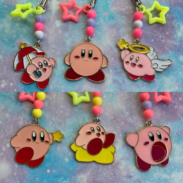 KIRBY inspired PHONE CHARMS - handmade Nintendo gamer gift - cute retro gaming fan  mobile accessories