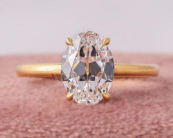 1 to 3 Carat Old Mine Oval Cut Lab Grown Diamond Solitaire Engagement Ring 14k Gold