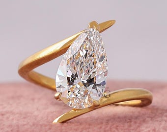 3 CT Pear Cut Lab Grown Diamond Bypass Solitaire 14K Gold Engagement Ring IGI Certified
