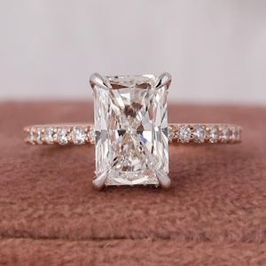 Radiant Cut Lab Grown Diamond Engagement Ring: 14k Gold Hidden Halo