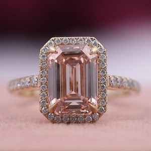 Emerald Cut Lab Pink Diamond Halo Engagement Ring: 14k White Gold