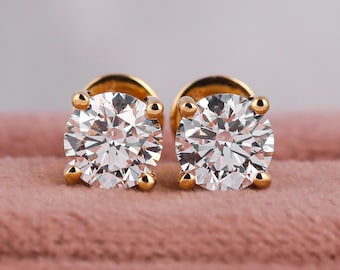 IGI Certified Lab Grown Diamond Stud Earrings: 14K Gold Solitaire (2.0-3.0 CTW