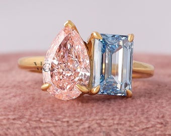Pear & Emerald Cut Lab Grown Diamond Two Stone Engagement Ring 14K Gold IGI Certified