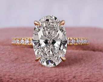 Lab Grown Oval Diamond Engagement Ring: 18k Yellow Gold Hidden Halo, VS1-EF IGI Certified