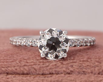 Round Old European Cut Diamond Engagement Ring IGI Certified Lab Grown Pave 14k Gold Ring