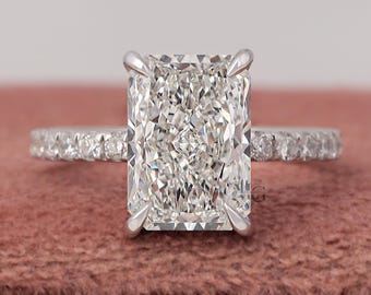 Radiant Cut Lab Diamond Engagement Ring 14k Gold Hidden Halo Pave IGI Certified