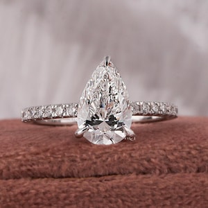 Lab Grown Diamond Ring 3CT Pear Shaped Engagement Ring White Gold Pave Certified Diamond pear cut Wedding Anniversary ring,Gift Idea for her