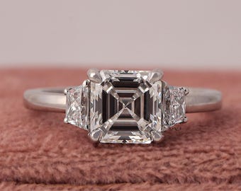 14k White Gold Asscher Cut Lab Grown Diamond Three Stone Engagement Ring (IGI Certified)