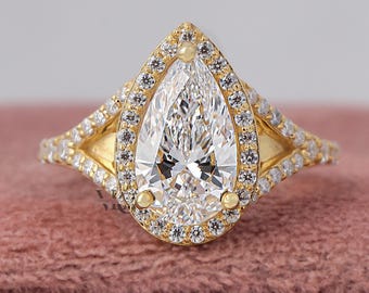 1-3 Carat Pear Cut Lab Grown Diamond Halo Engagement Ring, 14k Gold Split Shank