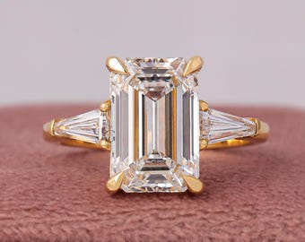 1 to 5 CT Emerald Cut Lab Diamond Three Stone Engagement Ring 14K Solid Gold IGI Certified