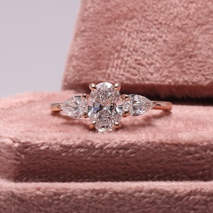 2.0 Carat Lab Grown Diamond 3 Stone Ring, Lab CVD Diamond Oval With Pear Cut Lab Grown Engagement Ring, Three Stone Proposal Diamond Ring.