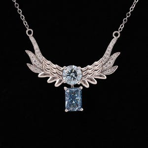 Blue Lab-Grown Diamond Phoenix Bird Pendant: Sterling Silver Necklace