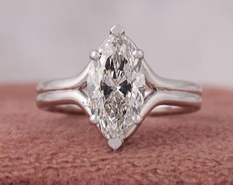 Marquise Cut Lab Grown Diamond Engagement Ring, 14k Solid Gold Split Shank Solitaire Ring