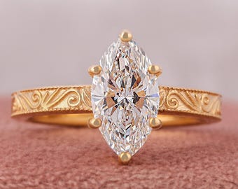 1 - 5 Carat Marquise Cut Lab Grown Diamond Engagement Ring 18K Solid Gold Vintage Solitaire IGI Certified