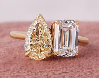 2, 3, 4, 5, 6 Carat Pear & Emerald Cut Lab Grown Diamond Engagement Ring Two Stone 10k Gold