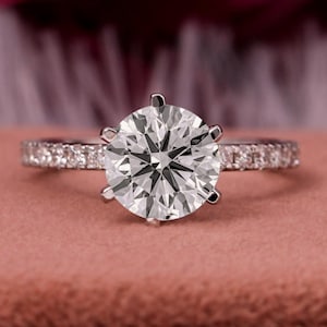 1.00 Carat EF VVS2 Round Cut Lab Grown Diamond Solitaire Engagement Ring 14k White Gold Pave Ring, Lab Created Diamond Ring Round Brilliant