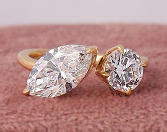 IGI Certified Marquise & Round Cut Lab Grown Two Stone Diamond Engagement Ring 14k Gold
